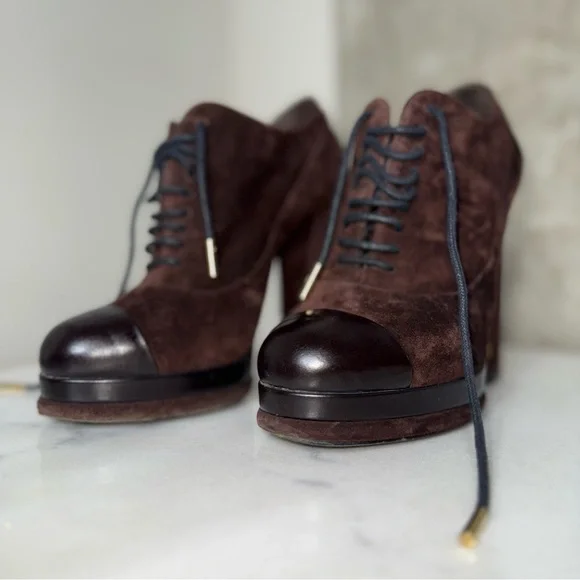 Chanel Brown Suede Leather Platform Lace Up Block Heeled Oxford Boot - Picture 11 of 17
